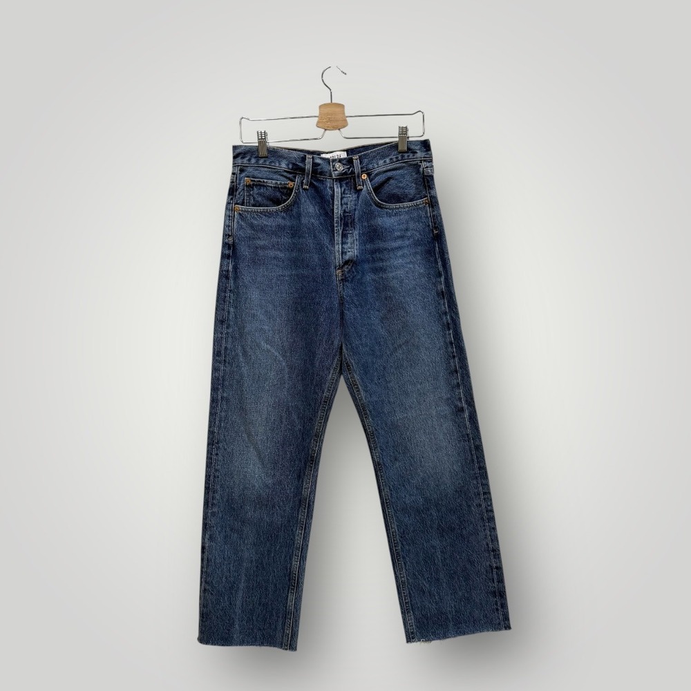 Agolde 90's Mid Rise Straight Leg Jeans Indigo Blue Raw Hem Womens 27